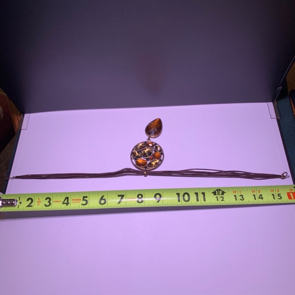 Animal/Leopard gold tone multi stone tear drop statement necklace on brown cord - Picture 6 of 15